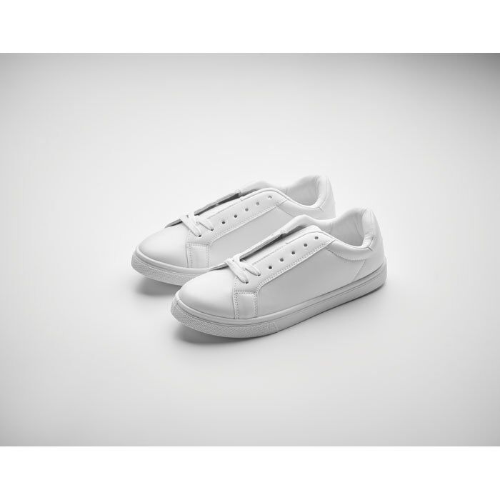 Sneakers with branding mockup Lightweight sneakers in PU with rubber outsole and polyester laces. Size: 39. Presented in white shoe box.