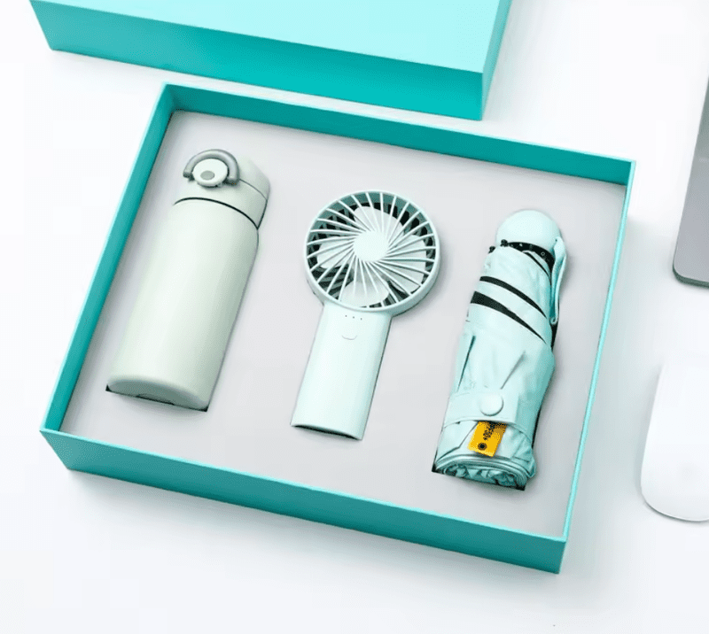 Gift set 4 Green color gift set with umbrella water bottle and hand fan with battery